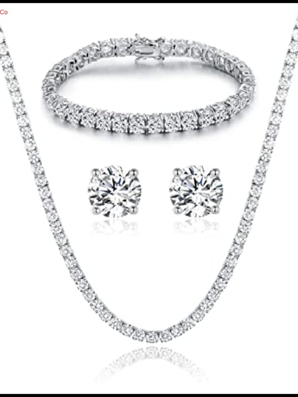 18K White Gold Plated Tennis Necklace Bracelet Earrings Set 3 Piece